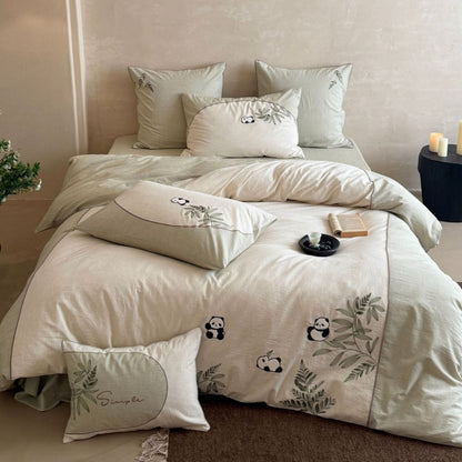 Bestickte Panda- und Botanische Baumwoll-Leinen Bettdeckenbezug Set mit Umschlag-Kissenbezüge