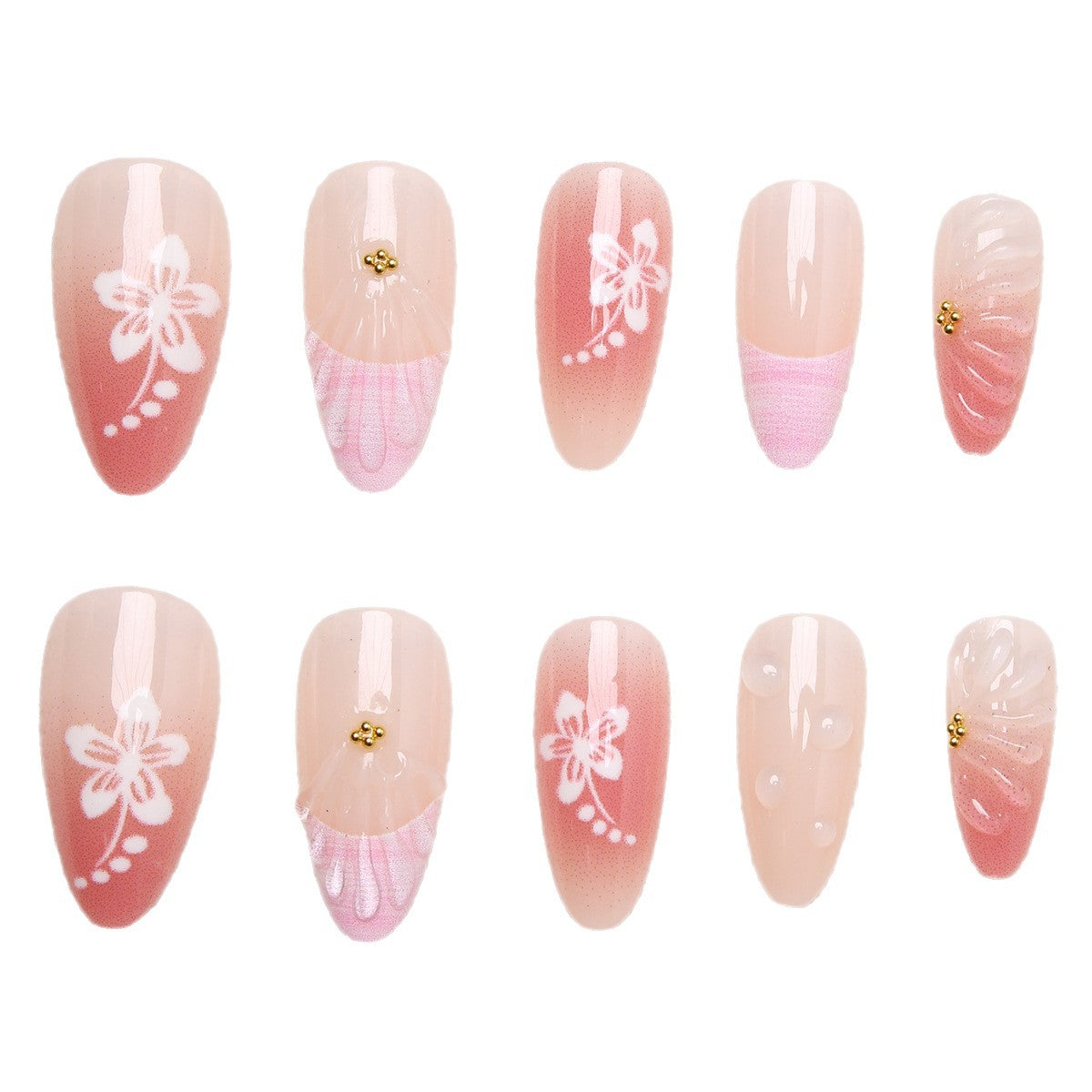 Kunstnagel-Set mit floralen Motiven und 3D-Verzierungen Brehn