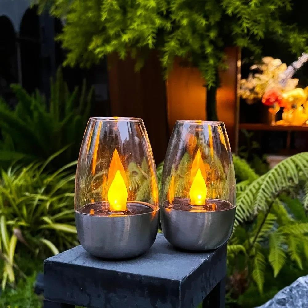 LED flameless Glas Votivlaterne Paar mit realistischem Flammeneffekt und Metallbasis Brehn