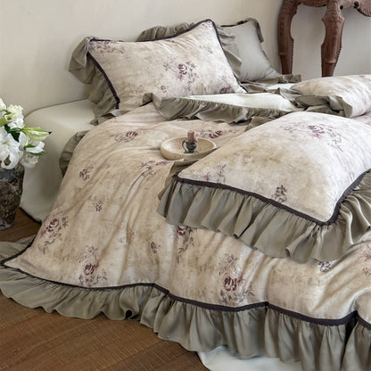 Vintage-Textur Floral Baumwoll-Bettbezug-Ensemble mit Rüschensatinrand