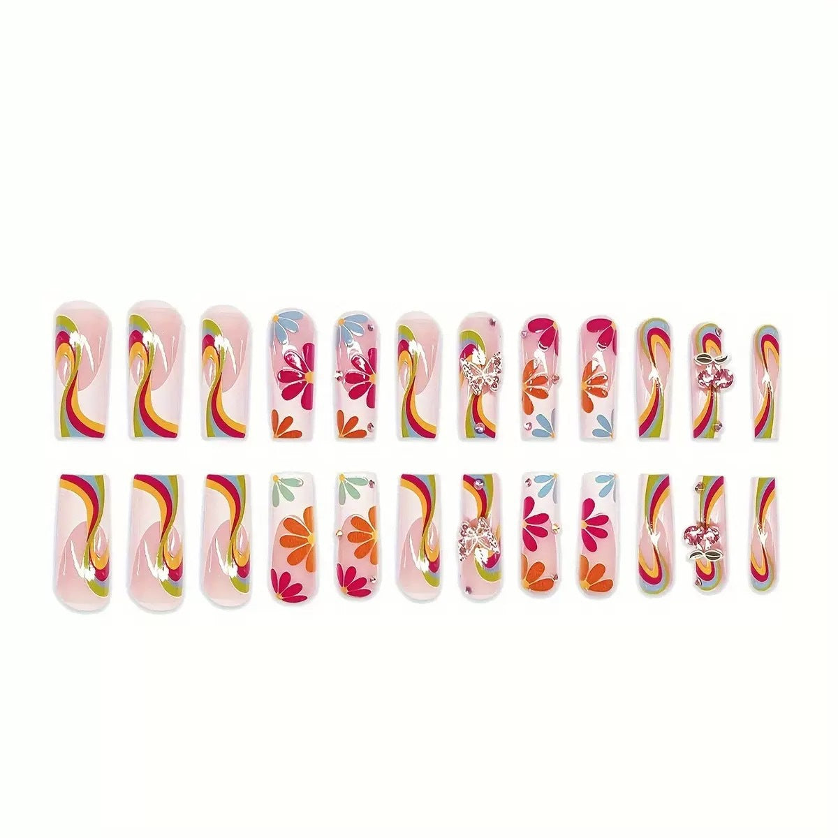 Kunstnagelset mit leuchtenden Blumenmotiven und Glitzerakzenten Brehn