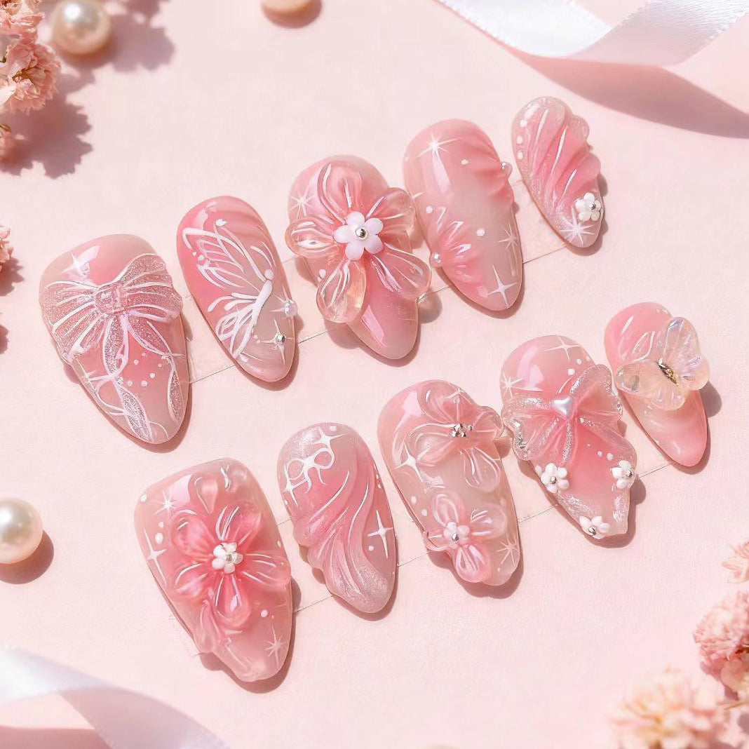 Blumen- und Schleifen-verzierte Press-On Nagelkunst-Set Brehn