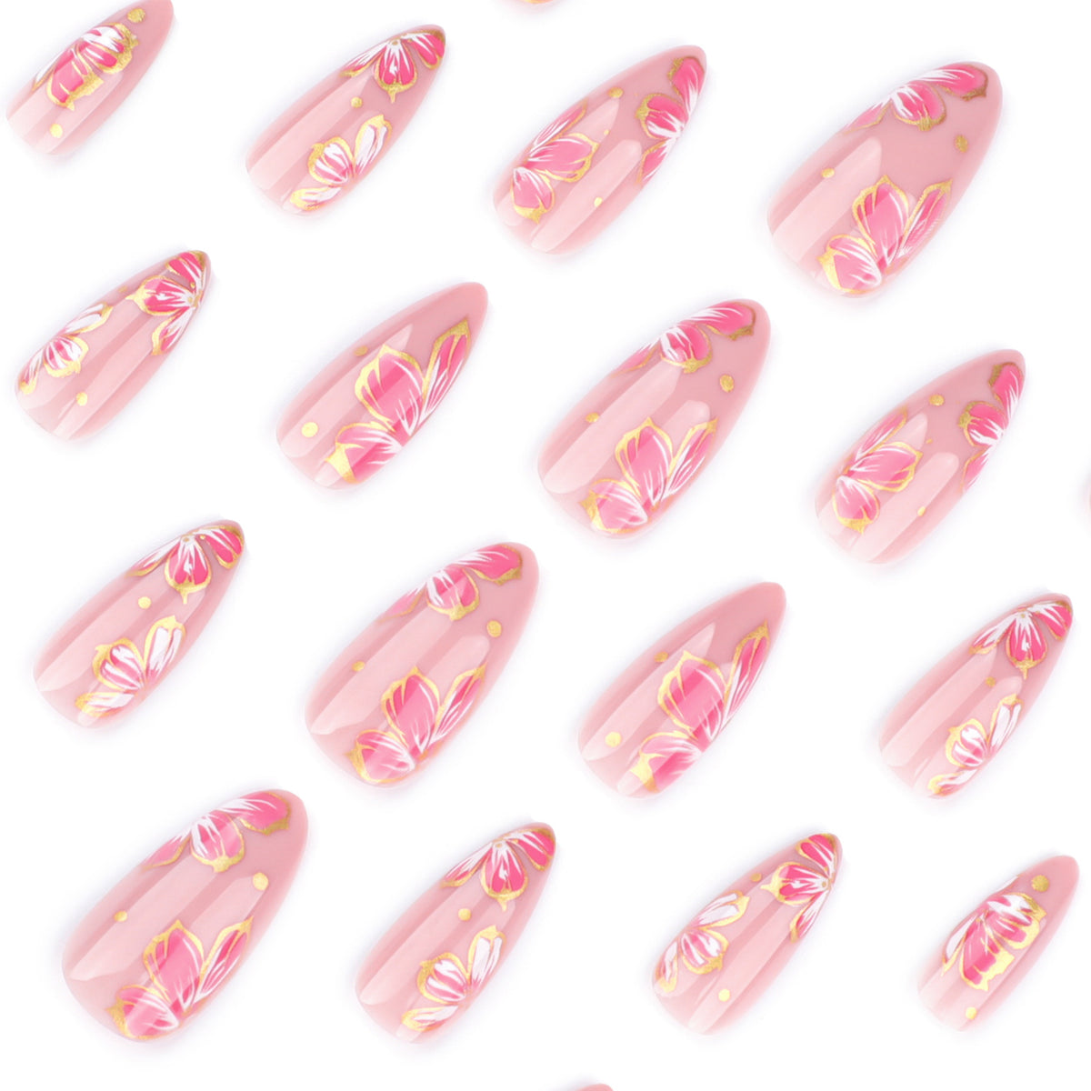 Kunstvolle Nagelkunst mit eleganten Blütenmotiven und Goldakzenten Brehn