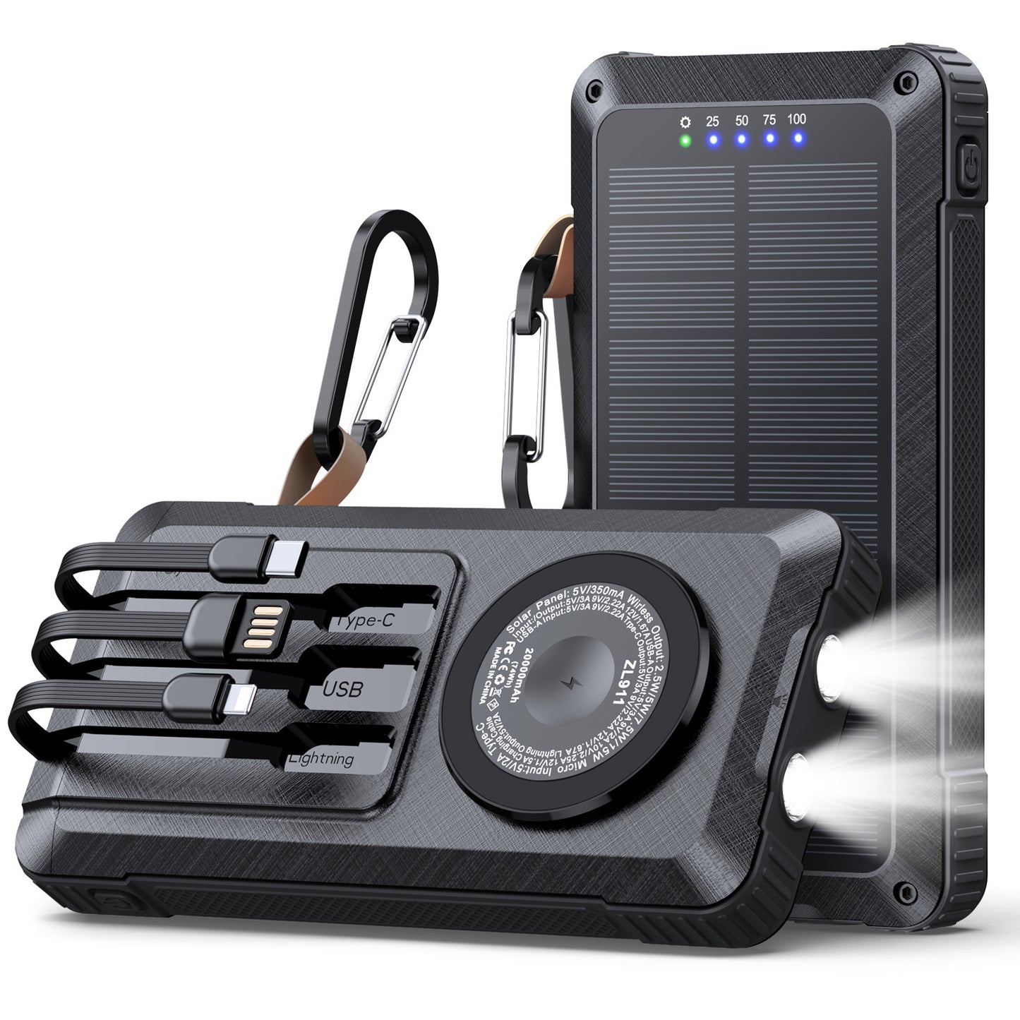Solar Powerbank mit Multifunktionalem LED-Licht und Integriertem Ladekabel Brehn