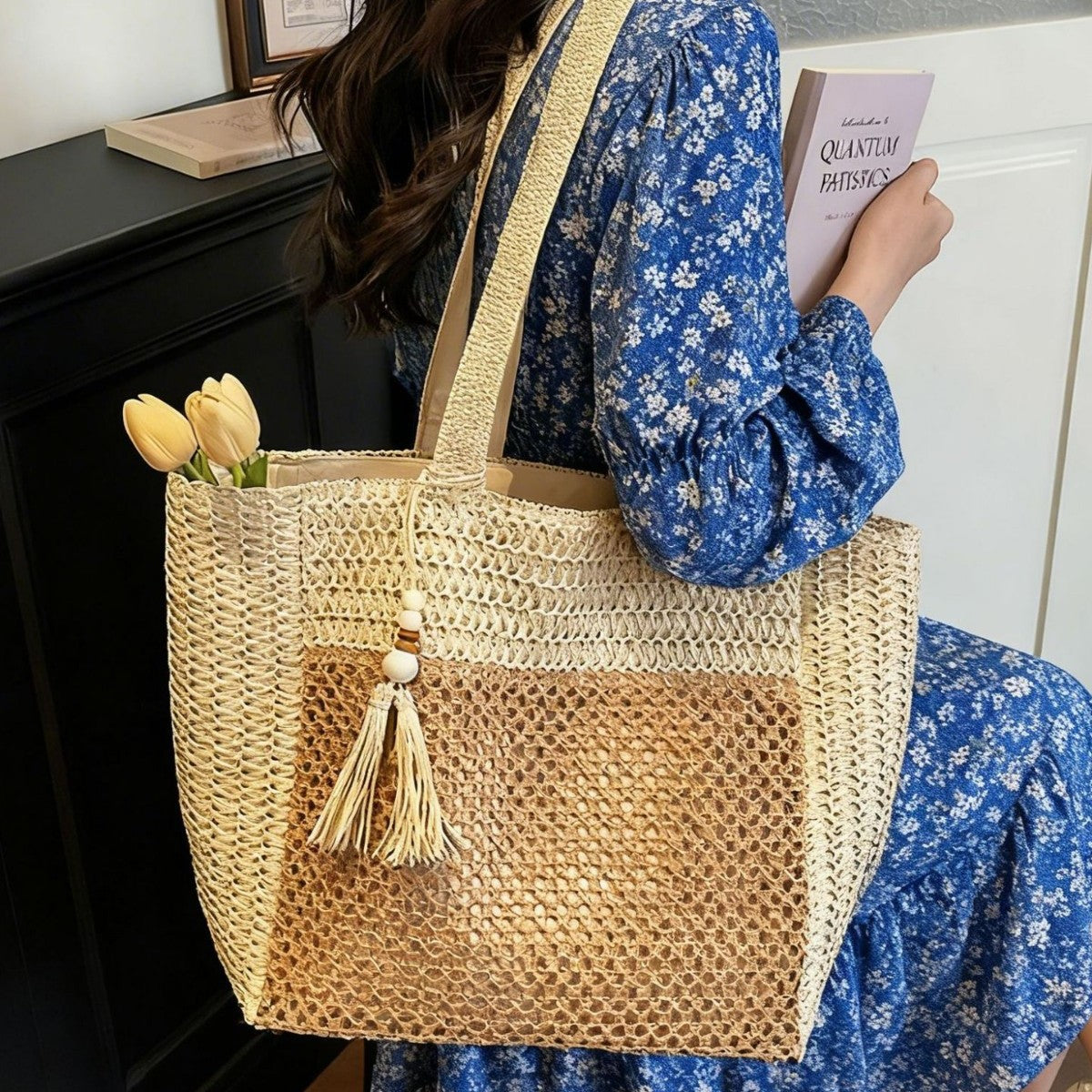 Handgefertigte Strohtasche mit Quasten Brehn