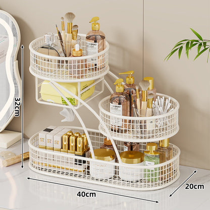 Dreischichtiger Mesh-Vanity- und Arbeitsplatten-Organizer mit integriertem Taschentuchslot und Metallgitterkörben