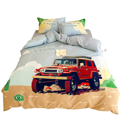 Kinder-Bettwäschegarnitur mit Offroad-Jeep Abenteuerillustration und weichem Baumwollmix