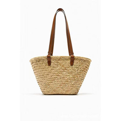 Korbtasche Damen handgeknüpft – aus Bast mit Leder, verstellbarer Lederriemen, Zugbandverschluss, Strandtasche