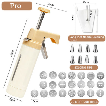 Handheld Cookie Press and Churro Maker with Assorted Piping Discs and Stainless Nozzles