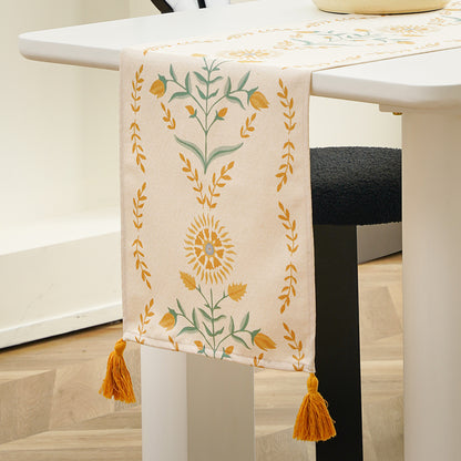 Leinen-Tischläufer im Vintage-Floralprint mit dekorativen Quasten Brehn