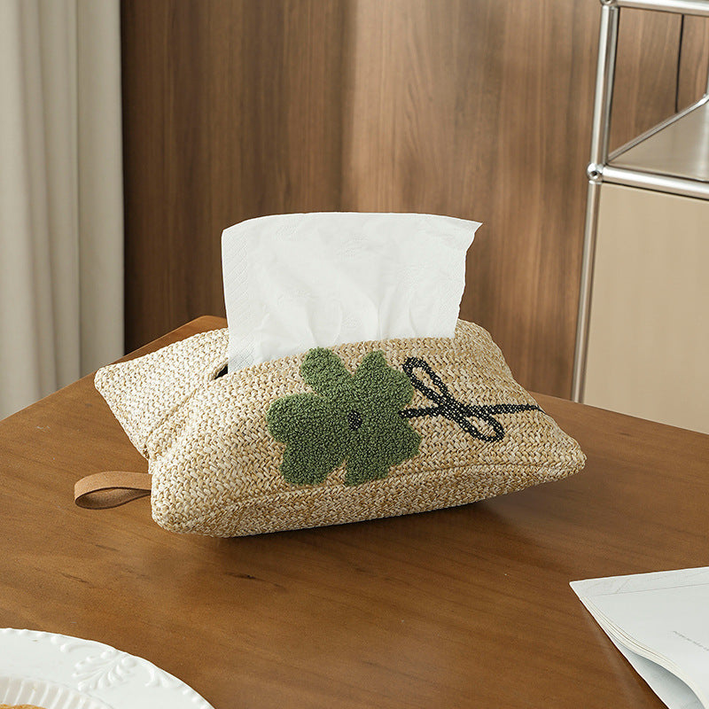 Gewebte Taschentuchbox-Hülle in Stroh-Optik mit besticktem Blumenmotiv Brehn