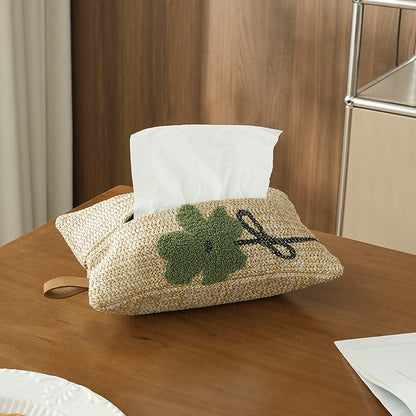 Gewebte Taschentuchbox-Hülle in Stroh-Optik mit besticktem Blumenmotiv Brehn