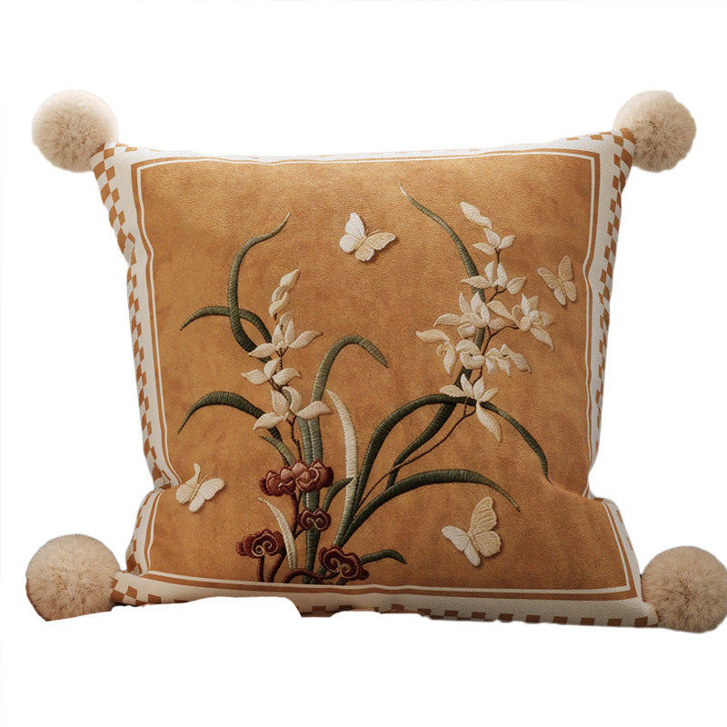 Square Plush Botanical Velvet Cushion Cover with Corner Pom-Poms and Invisible Zip