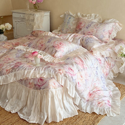 Romantisches Aquarell-Rosen-Baumwollsatin-Rüschende Bettbezug-Ensemble mit Satinbesatz-Bett Rock & Dekorativen Rüschenshams