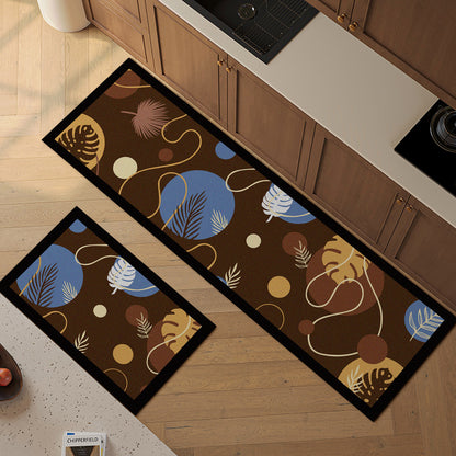 Non-Slip Absorbent Kitchen Runner and Matching Small Entrance Mat Set with Tropical Leaf Abstract Print
