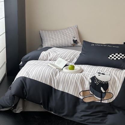 Bettwäsche-Garnitur aus Baumwollsatin mit Teddybär- und Frühstücks-Print