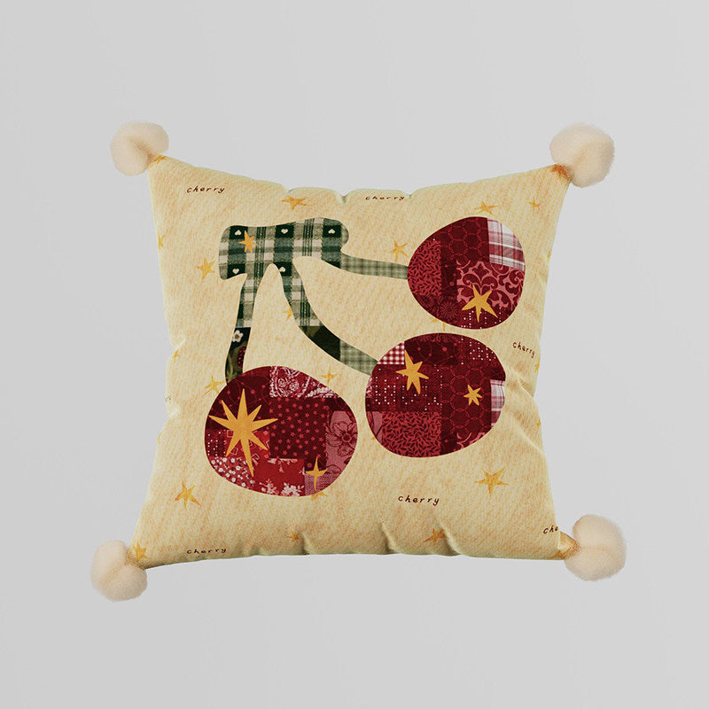 Patchwork Pear Appliqué Decorative Throw Pillow with Pom-Pom Corners