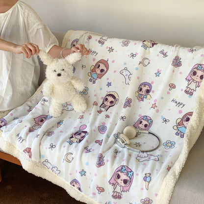 Wendbare Flauschdecke mit Cartoon-Katzenmotiv und Teddyfutter