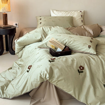 Bestickte Mohn Jacquard Bettwäsche Set mit wendbarem Satingemüt