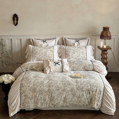Rüsch Vintage Toile Baumwollsatin Bettbezug Ensemble mit dekorativem Bolster und paspelierten Kissenbezügen