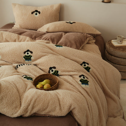 Plüsch Sherpa Besticktes Cartoon Hund Bettbezug Set