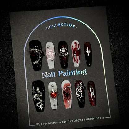 Gothic-inspirierte Press-On Nagelkunst Set mit 3D-Verzierungen