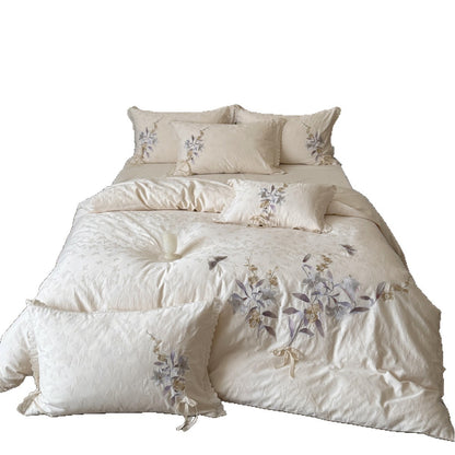 Vintage Floral Jacquard Baumwollsatin Bettbezug Set mit handgestickter Applikation & Spitzenrand