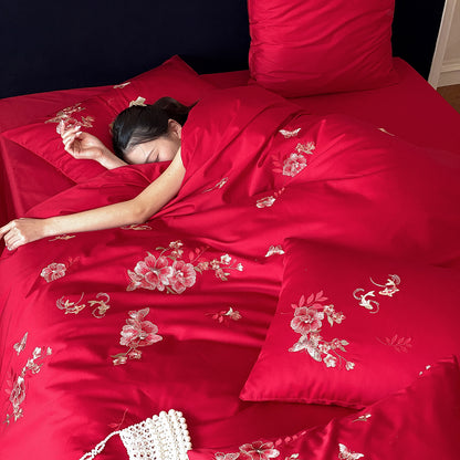 Luxuriöse Baumwollsatin-Bettwäschegarnitur mit floraler Stickerei und Hotelverschluss