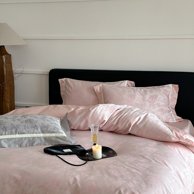 Florales Jacquard Baumwoll-Satin Bettbezug-Set mit Kontrastsaum und Kissenbezügen