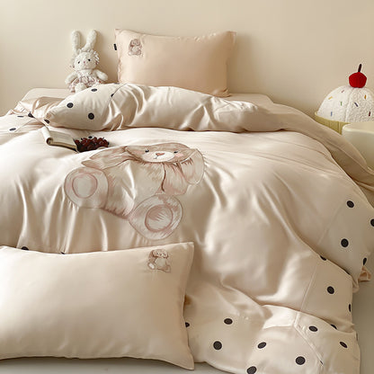 Wendbares Satin-Bettwäscheset für Kinder mit großem Aquarell-Teddy, Punktebordüre und seidig-mattem Finish