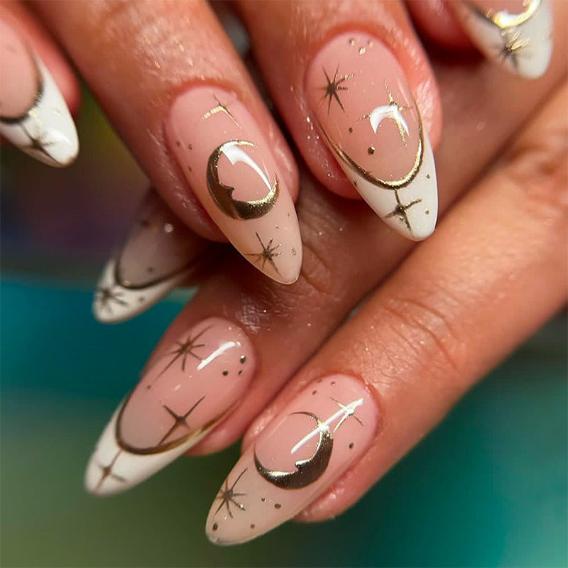 Künstlerischer Press-On-Nagel-Set mit geometrischen Mond- und Stern-Designs Brehn