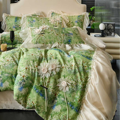 Rüschend Floral Chiffon-Besatz Bettbezug und Kissenbezug Set