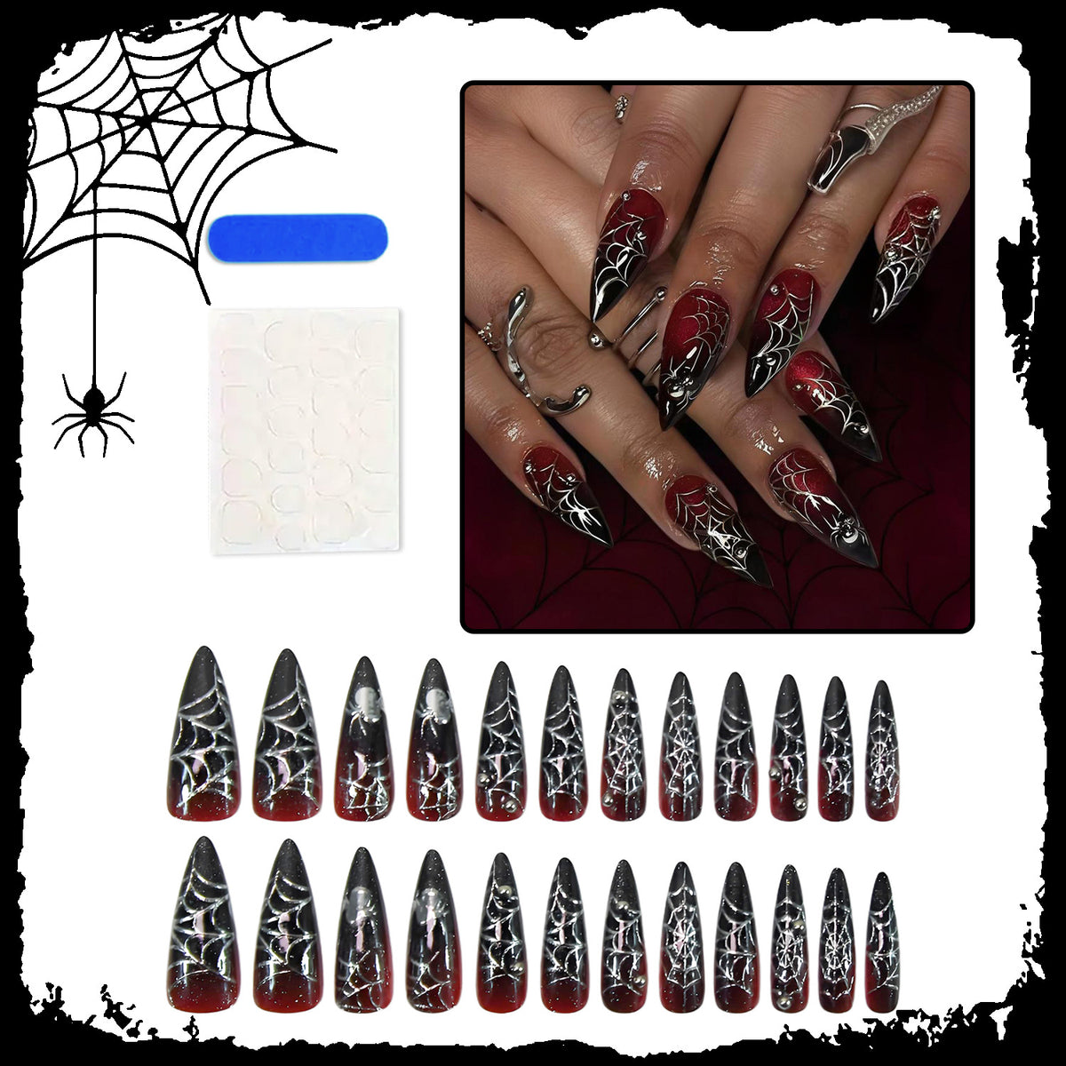 Halloween Kunstnagelset mit kreativen Spinnenmotiven und Glitzerdetails Brehn