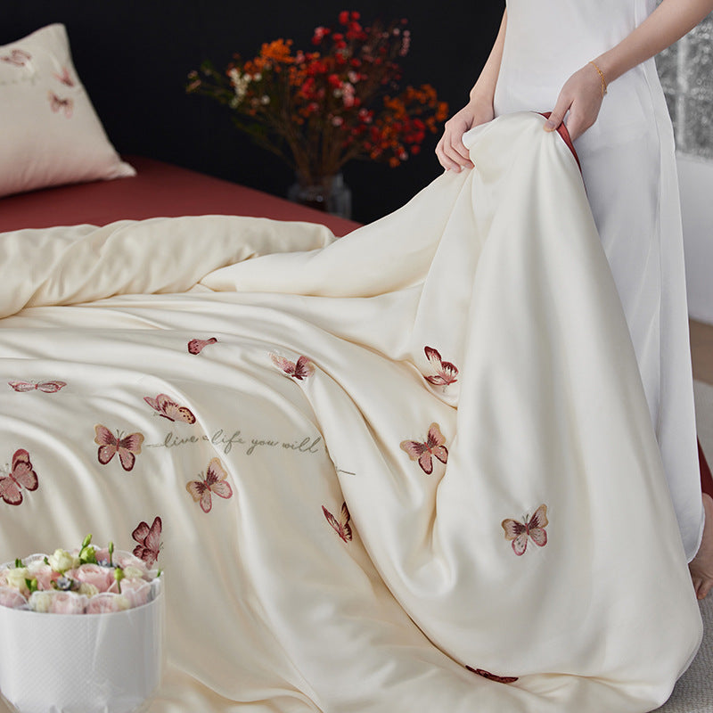 Luxuriöses Baumwollsatin-Bettbezug-Set mit bestickten Schmetterlingsmotiven und wendbarem Design