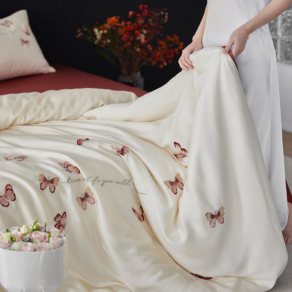 Luxuriöses Baumwollsatin-Bettbezug-Set mit bestickten Schmetterlingsmotiven und wendbarem Design