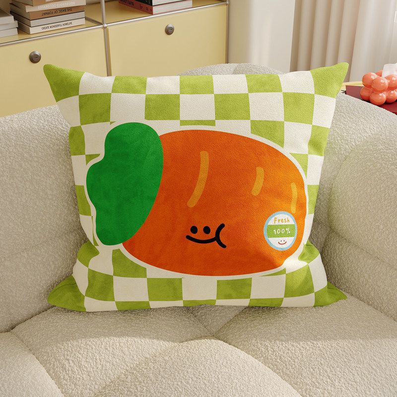 Plush Square Decorative Cushion with Cartoon Carrot Print and Checkerboard Backing