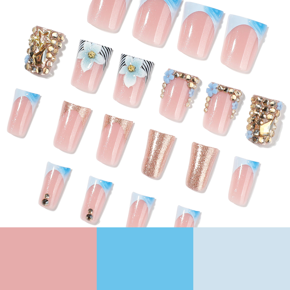 Kunstvolle Nagelverlängerungen mit Floral-Design und Glitzer Brehn