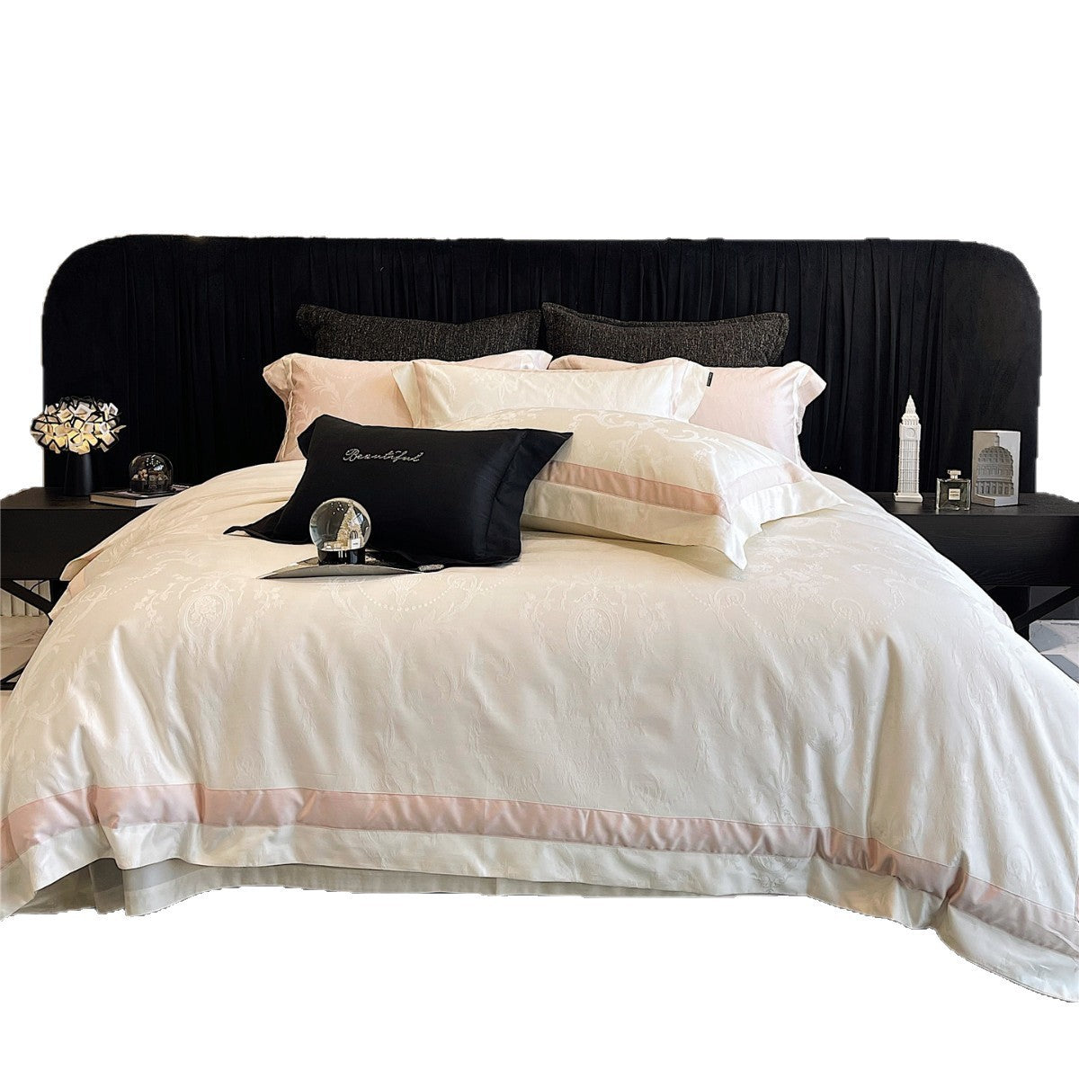 Jacquard Damast Bettwäsche Set mit Satin Paspelrand und Kissenbezügen