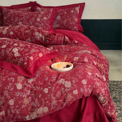 Premium-Bettwäschegarnitur aus Baumwollsatin mit floralem Jacquard und eleganter Leinenkante Brehn