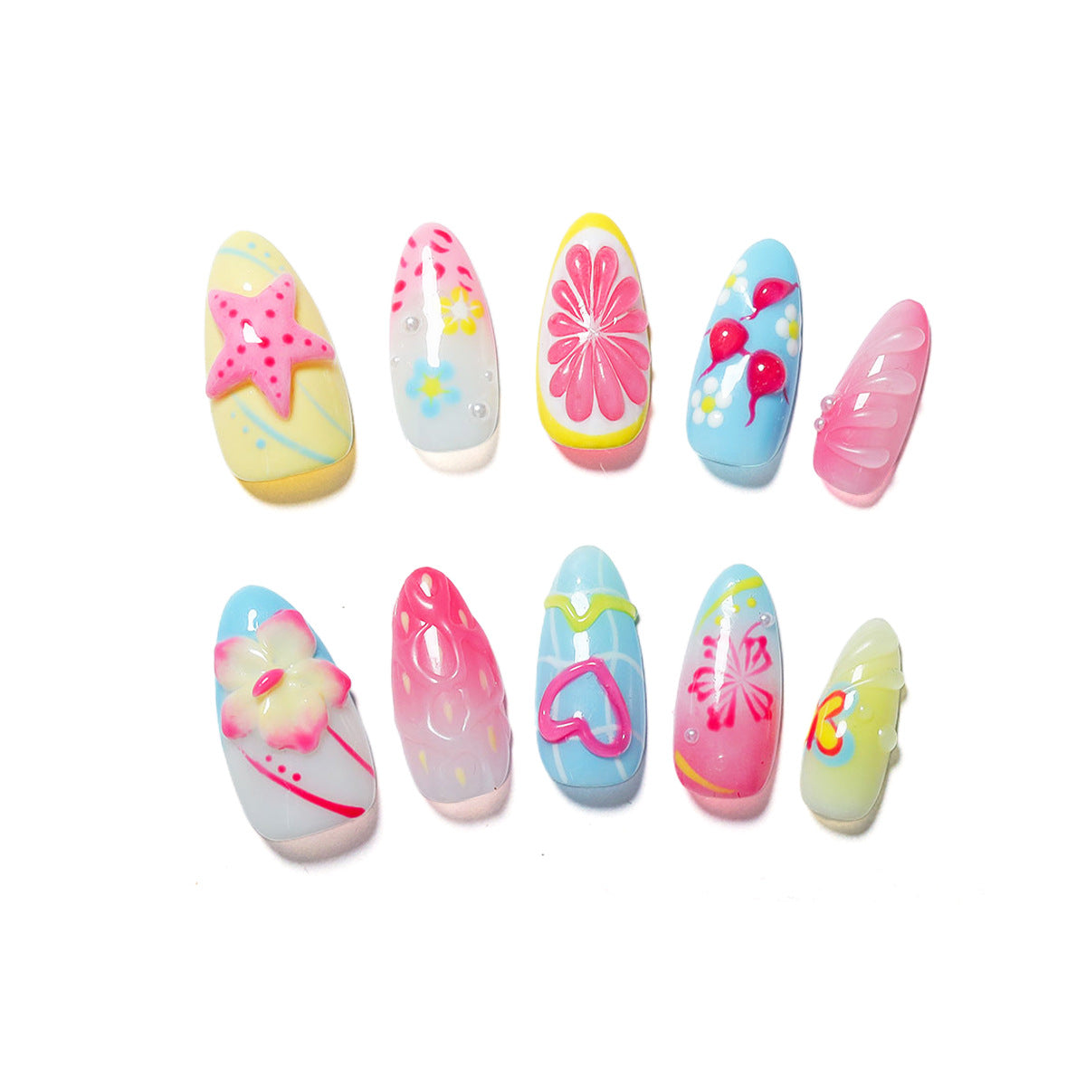 Kreatives Kunstnagelset mit verspieltem floralen Design und Glitzereffekten Brehn