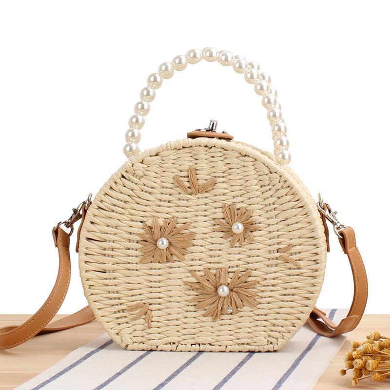 Runde Basttasche mit Perlenverzierung Brehn