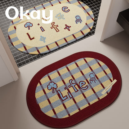 Decorative Oval Checkered Entrance Mat with Embroidered 'Life' Script and Non-Slip Backing