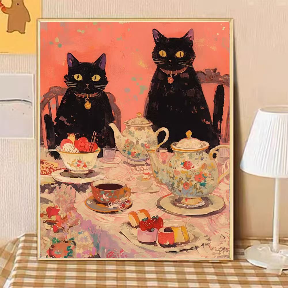 Verspielte katzenmotivierte Nachmittags-Tee-Leinwandkunst Brehn