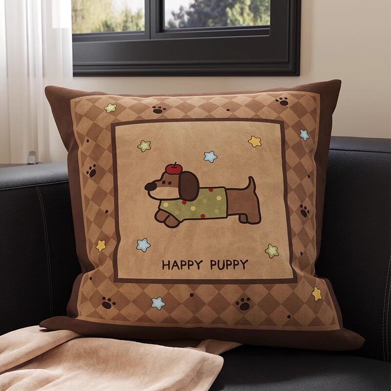 Plush Square Throw Pillow Cover with Happy Kitten Print and Hidden Zipper