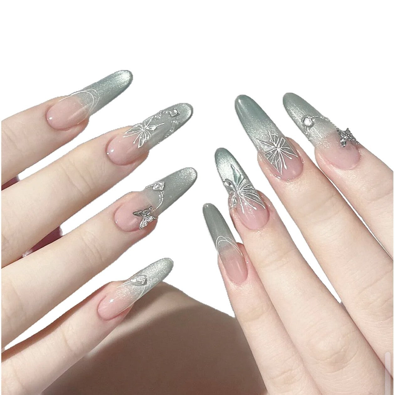 Dekoratives Stiletto Press-On Nagelset mit künstlerischen Blumen- und Edelsteinakzenten Brehn