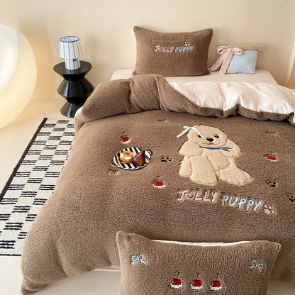 Teddy-Fleece-Bettwäschenset mit Blumenstickerei und Wende-Design