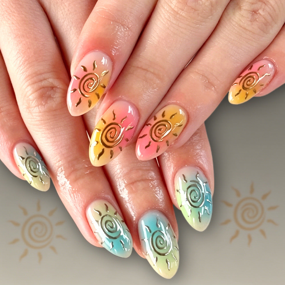 Künstlerisches Press-On-Nagelset mit Sonnendesigns Brehn