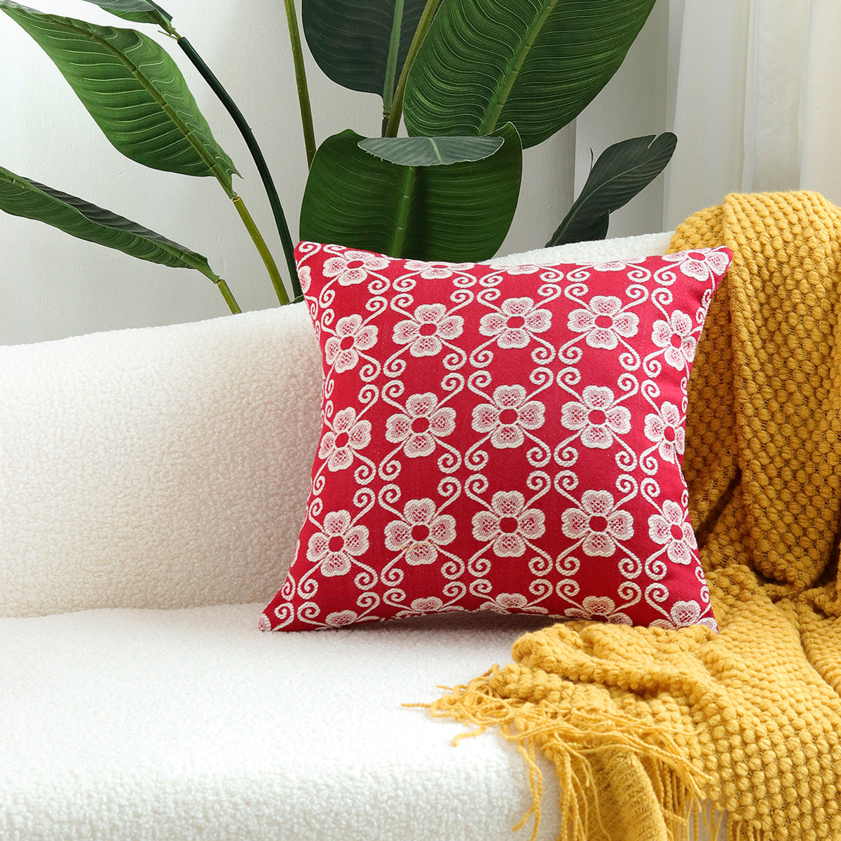 Quadratisches besticktes florales Jacquard-Dekorationskissenbezug