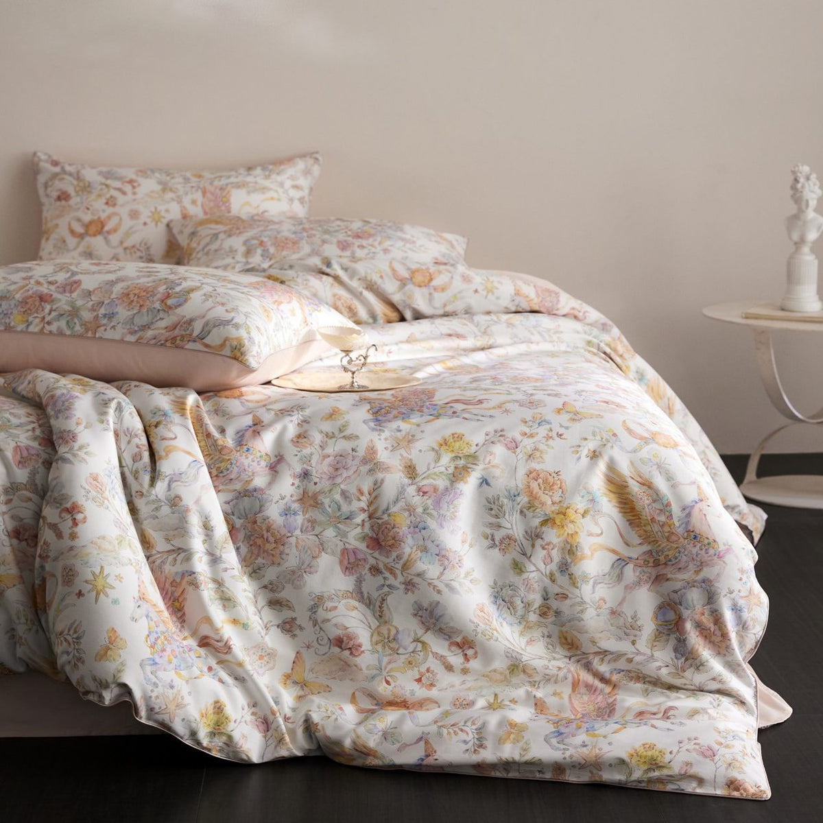 Blumen Satin-Feel Bettdeckenbezug-Set mit Oxford-Kissenbezügen