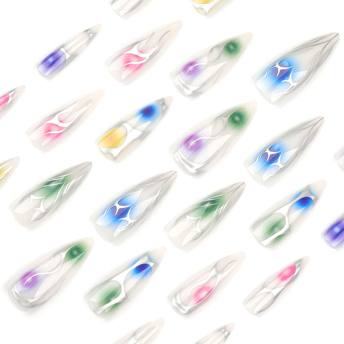 Kunstvolle Stiletto-Nägel mit transparentem Design und farbenfrohen Akzenten Brehn